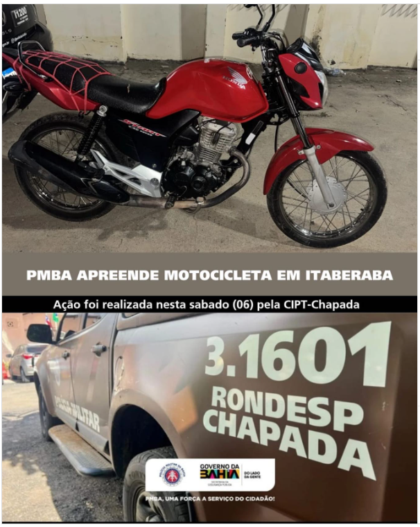 PMBA APREENDE MOTOCICLETA EM ITABERABA