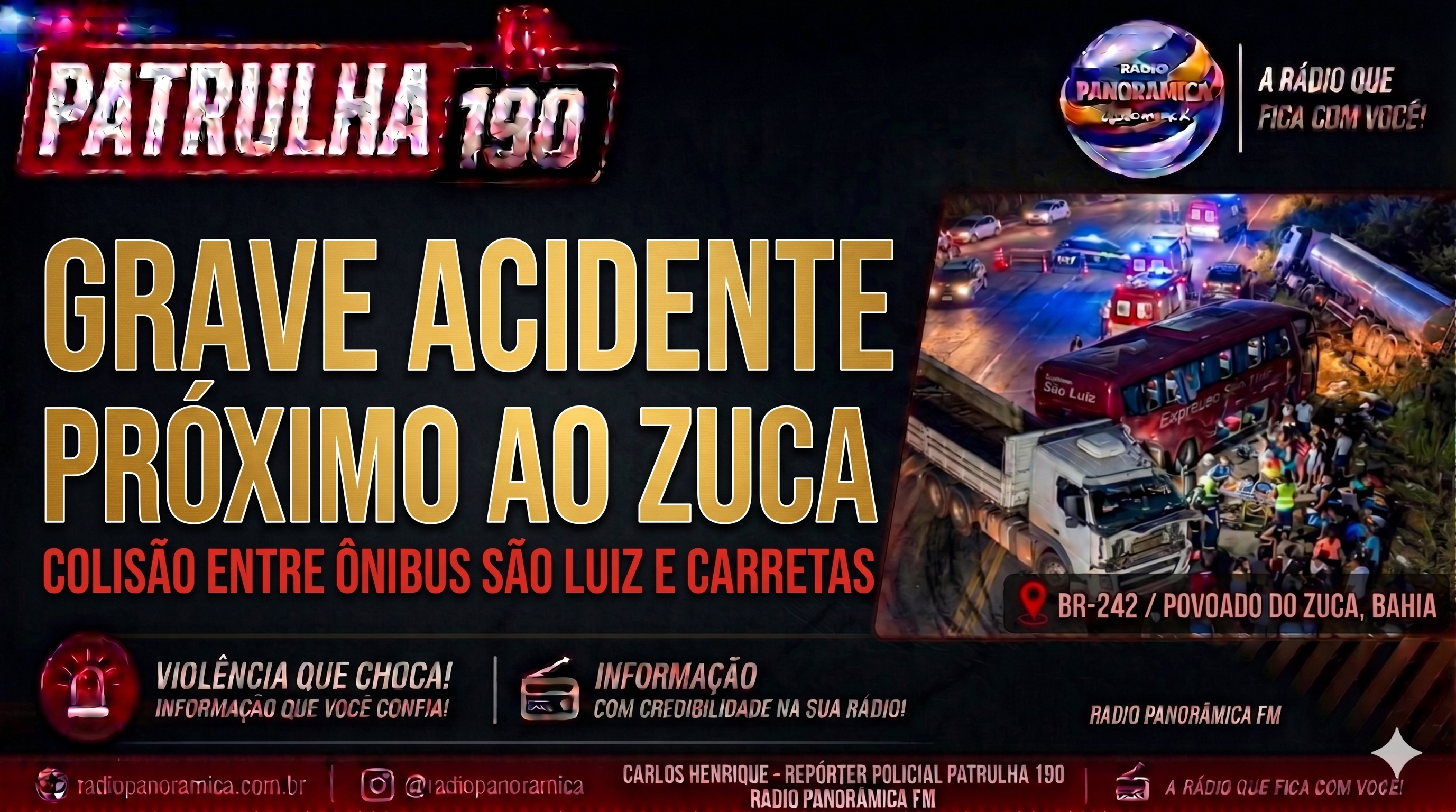 ​Acidente entre ônibus e carreta próximo ao Zuca na BR 242
