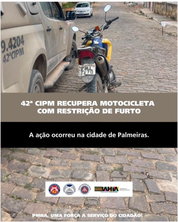 42ª CIPM recupera motocicleta com restrição de roubo/furto em Palmeiras