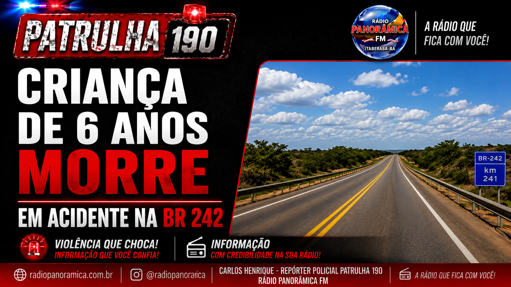 Criança de 6 anos morre em acidente na BR 242